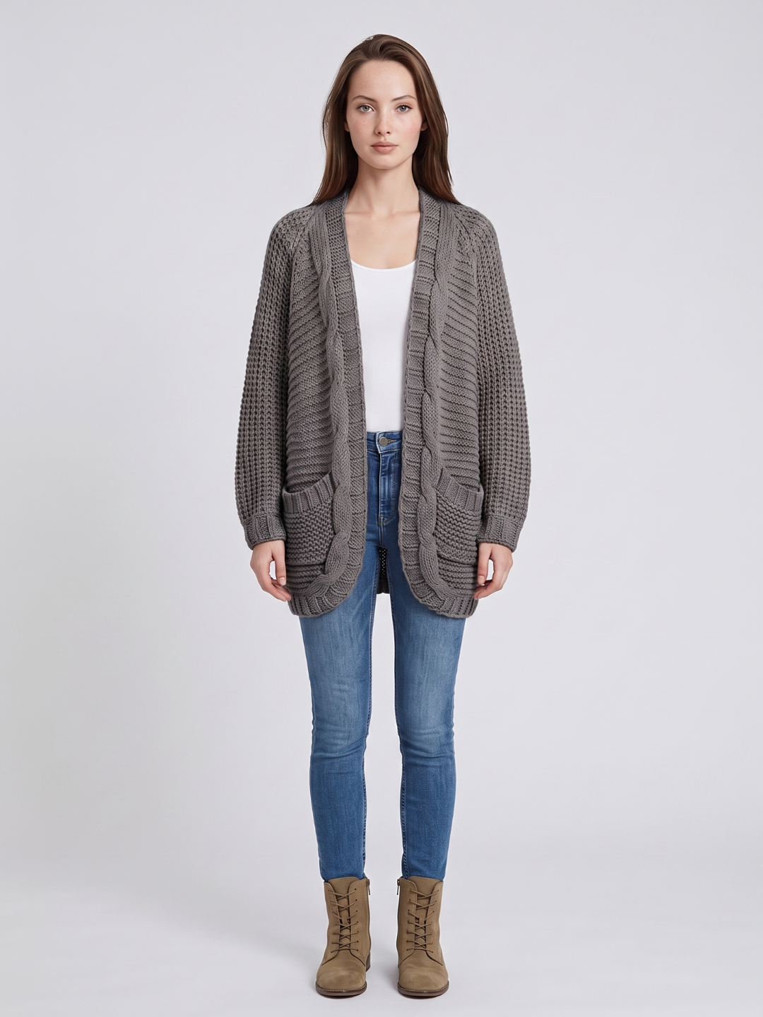 Women's Open-Front Knit Cardigan Chunky Cable Boho Long Sleeve with Pockets
