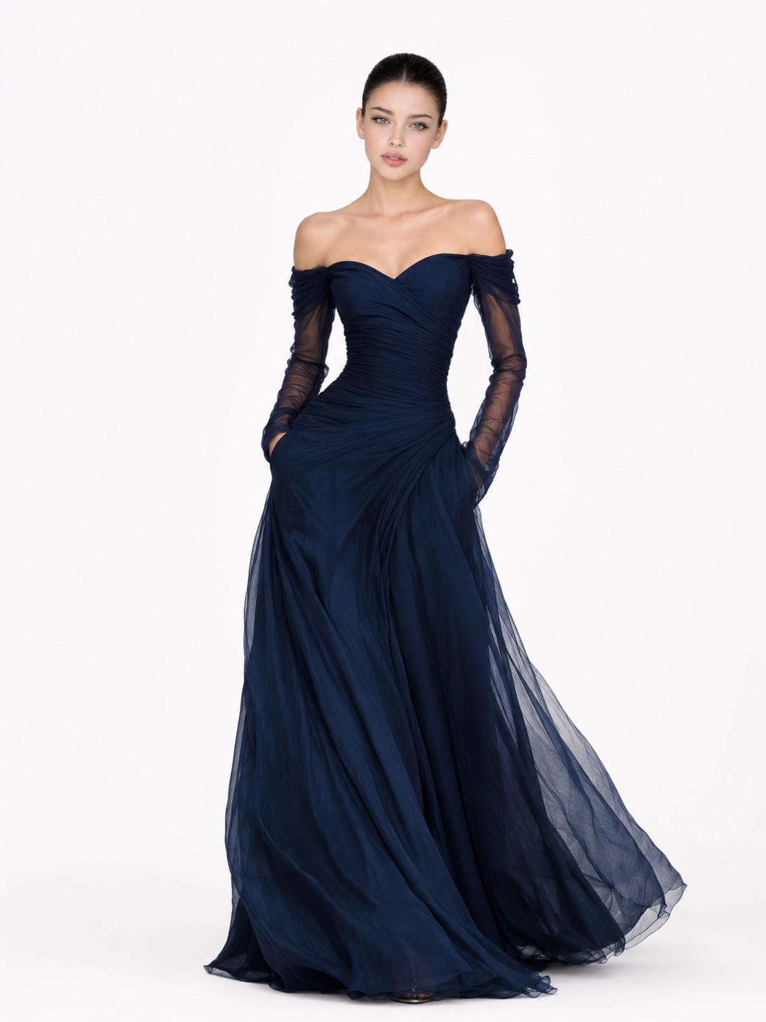 Women's Off-Shoulder Chiffon Maxi Dress Long Sleeve Sweetheart Neck Evening Gown