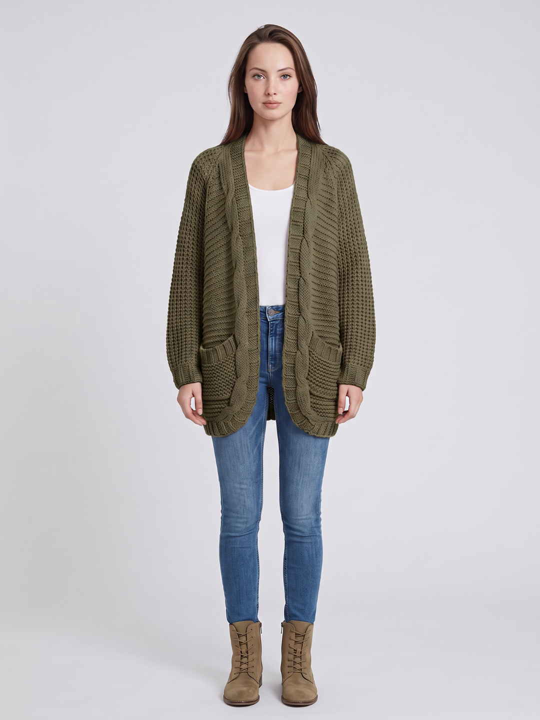Women's Open-Front Knit Cardigan Chunky Cable Boho Long Sleeve with Pockets