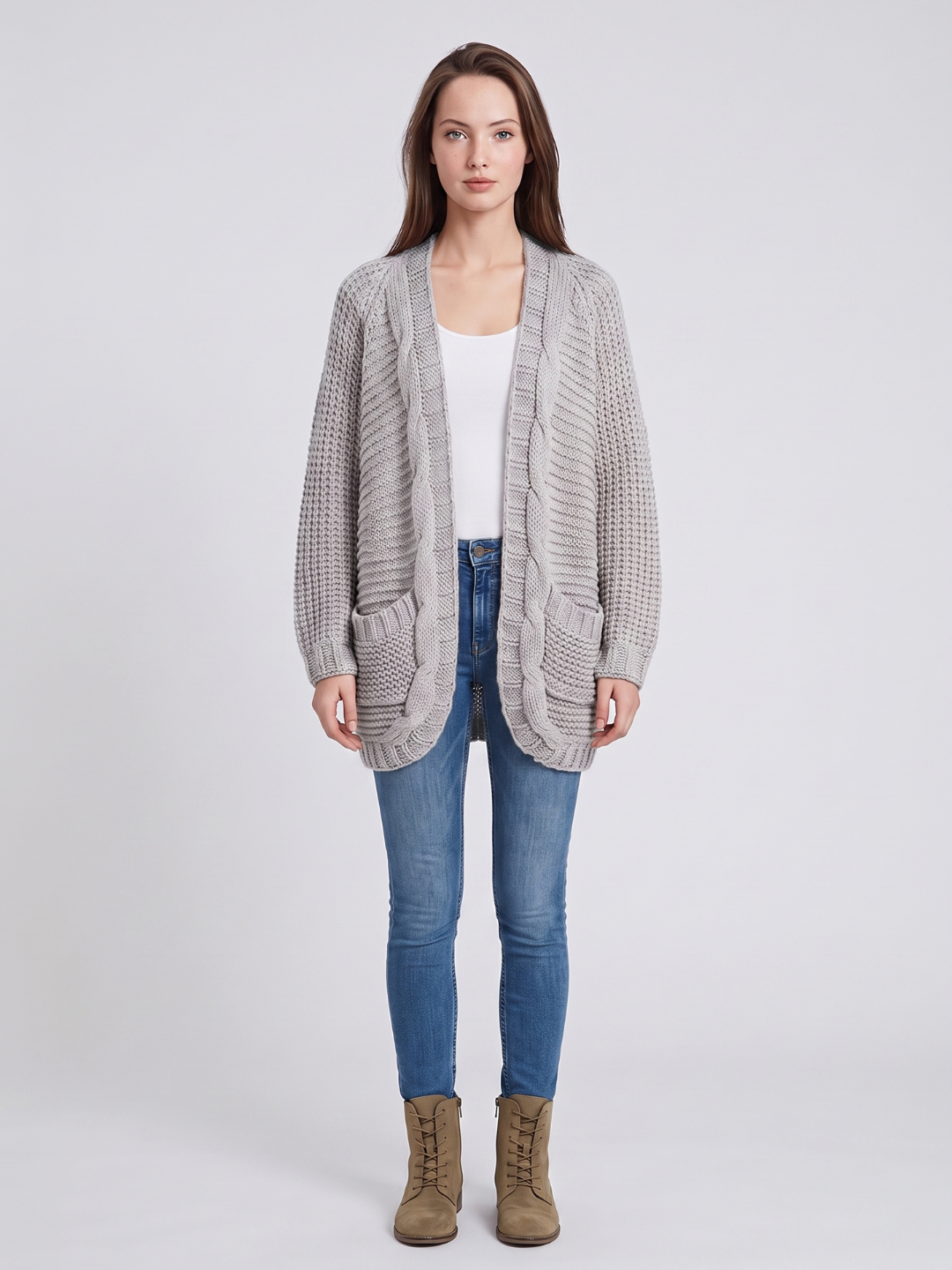 Women's Open-Front Knit Cardigan Chunky Cable Boho Long Sleeve with Pockets