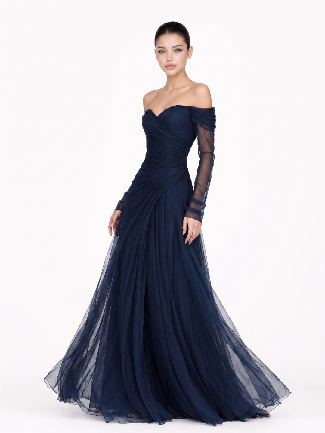 Women's Off-Shoulder Chiffon Maxi Dress Long Sleeve Sweetheart Neck Evening Gown