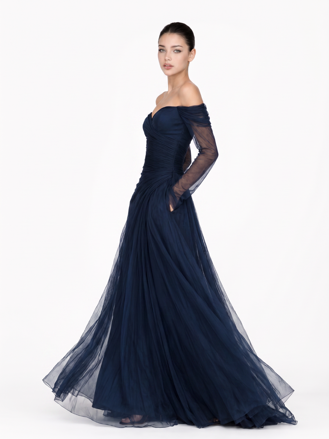 Women's Off-Shoulder Chiffon Maxi Dress Long Sleeve Sweetheart Neck Evening Gown