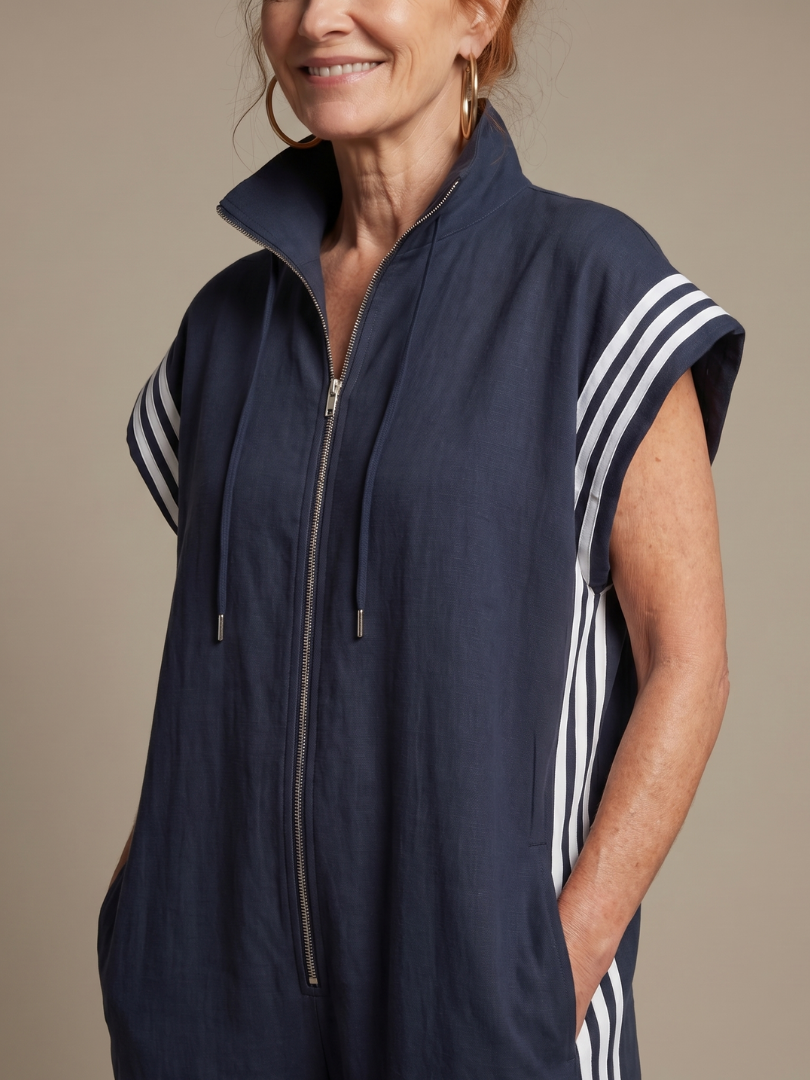 Women's Zip Front Jumpsuit Stripe Panel Sleeveless High Neck Casual