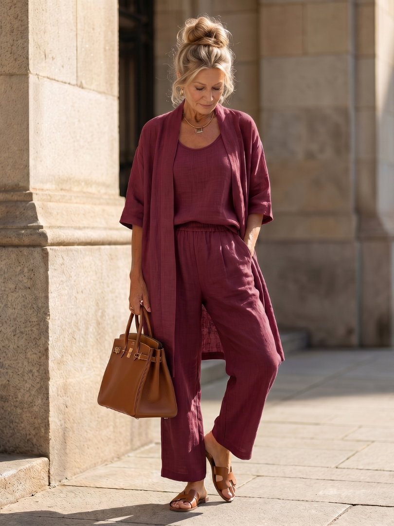 Women's 3 Piece Set Kimono Cardigan Tank Top Wide Leg Pants Casual