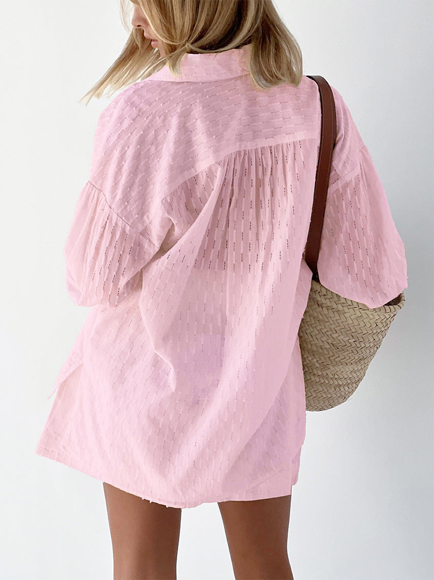 Women's Oversized Shirt Short Set Long Sleeve Button-Down Striped Casual Summer Outfit