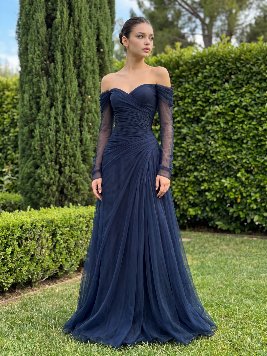 Women's Off-Shoulder Chiffon Maxi Dress Long Sleeve Sweetheart Neck Evening Gown