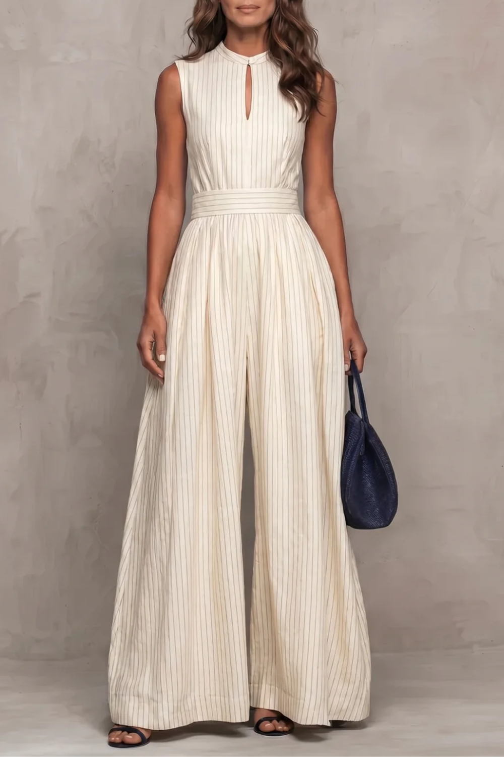 Women's Wide Leg Jumpsuit Sleeveless Keyhole Neck Striped Pinstripe