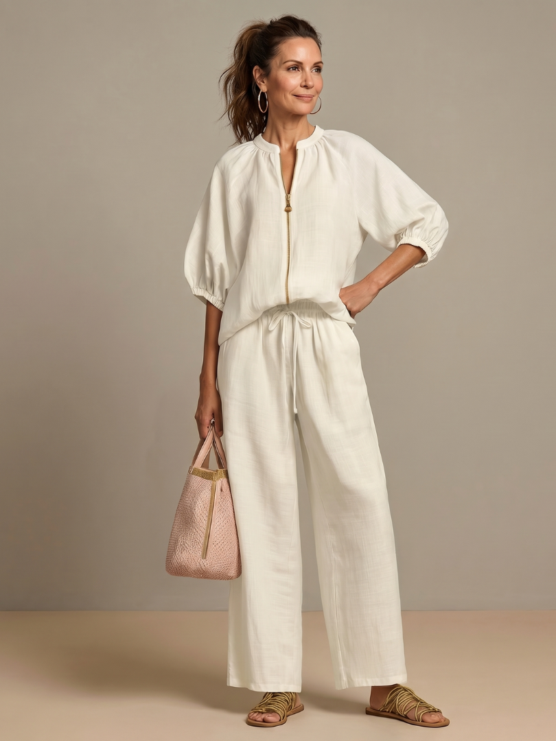 Women's Zip Front Blouson Top Wide Leg Pants Set Light Blue 3/4 Sleeve Casual
