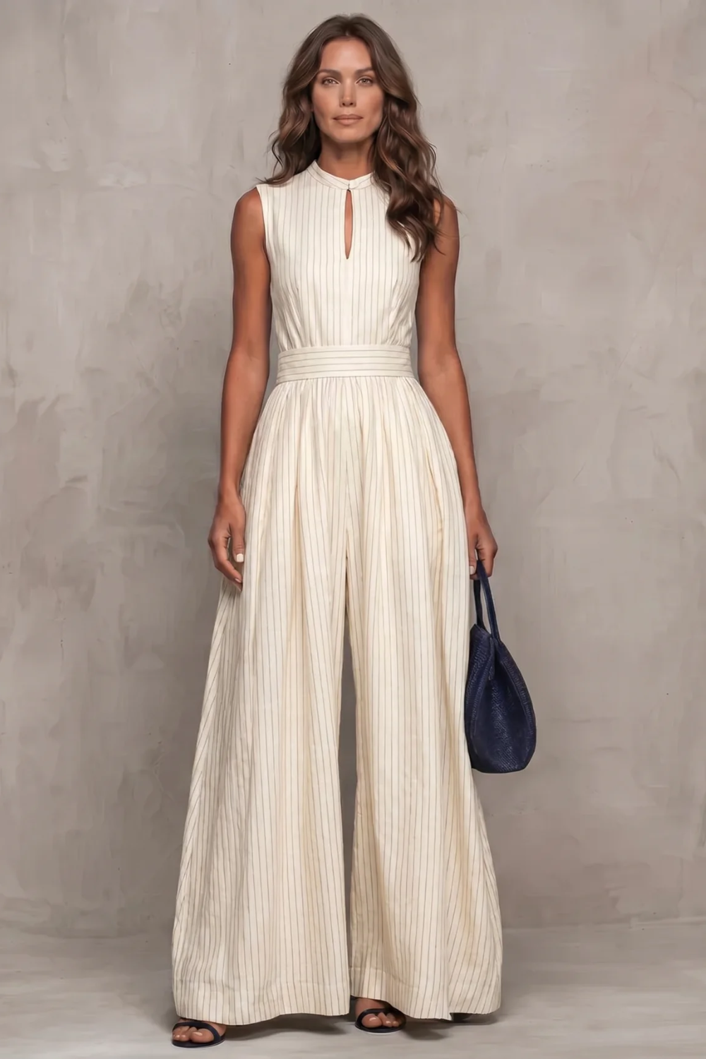 Women's Wide Leg Jumpsuit Sleeveless Keyhole Neck Striped Pinstripe
