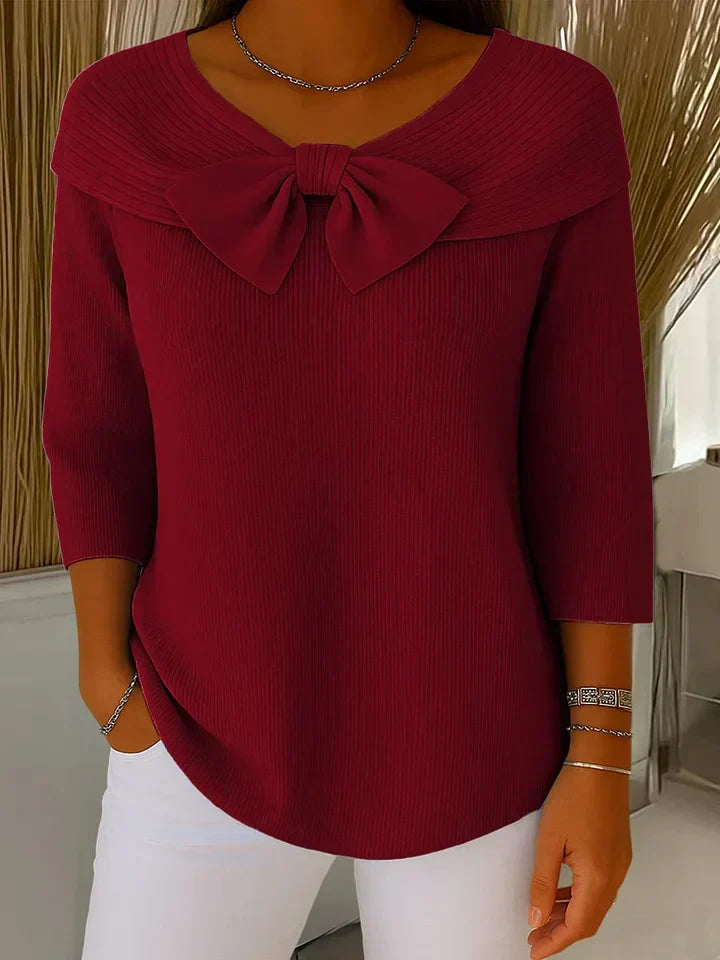 Women's Bow Neck Sweater 3/4 Sleeve Ribbed Knit Pullover Top Casual