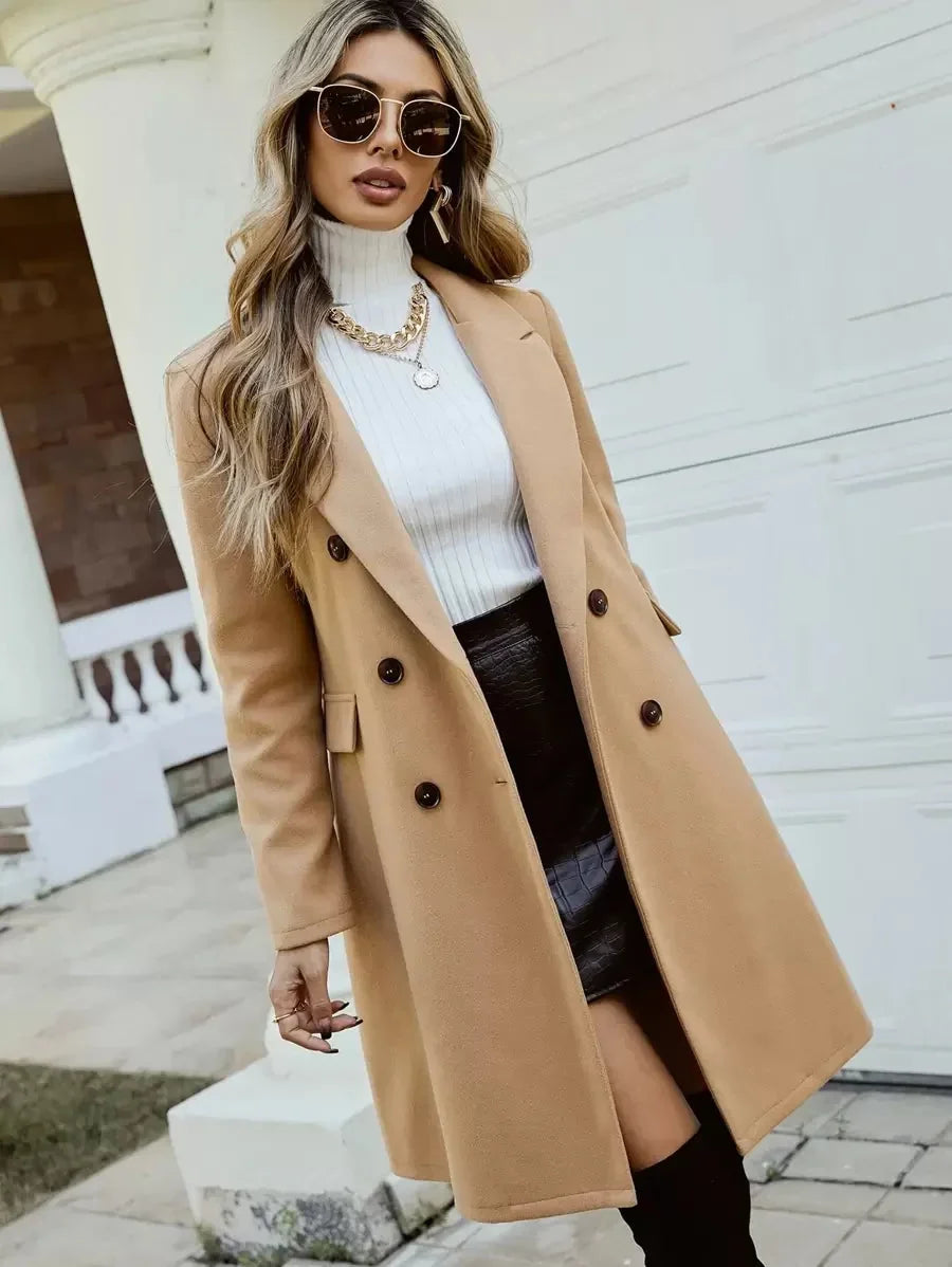 Women's Double-Breasted Overcoat Lapel Collar Knee-Length Winter Coat