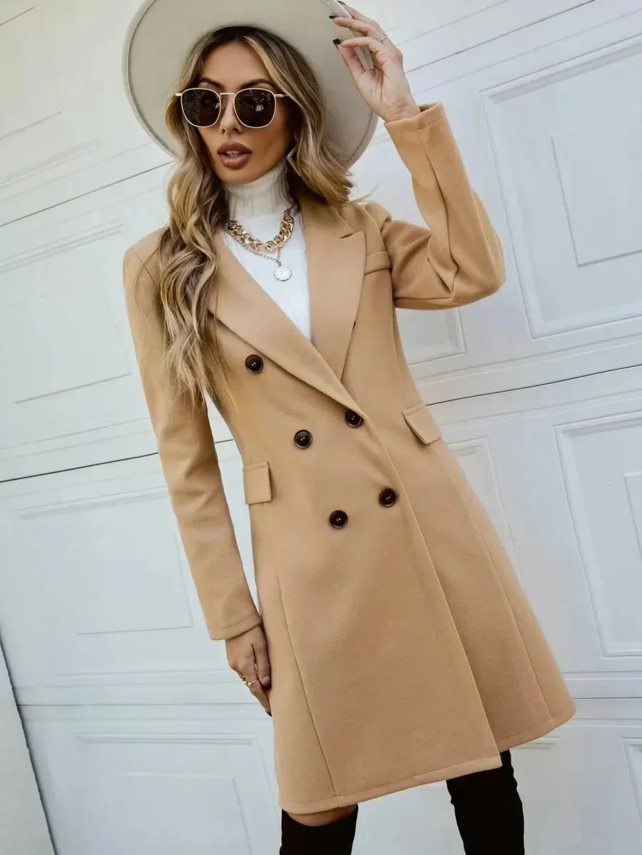 Women's Double-Breasted Overcoat Lapel Collar Knee-Length Winter Coat