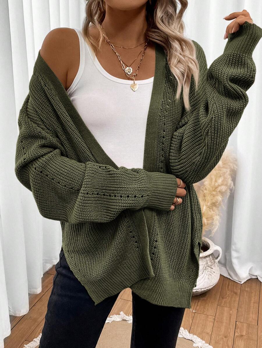 Women's Open Front Cardigan Pointelle Knit Long Sleeve Oversized Everyday Layer