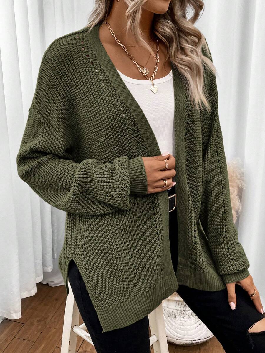 Women's Open Front Cardigan Pointelle Knit Long Sleeve Oversized Everyday Layer