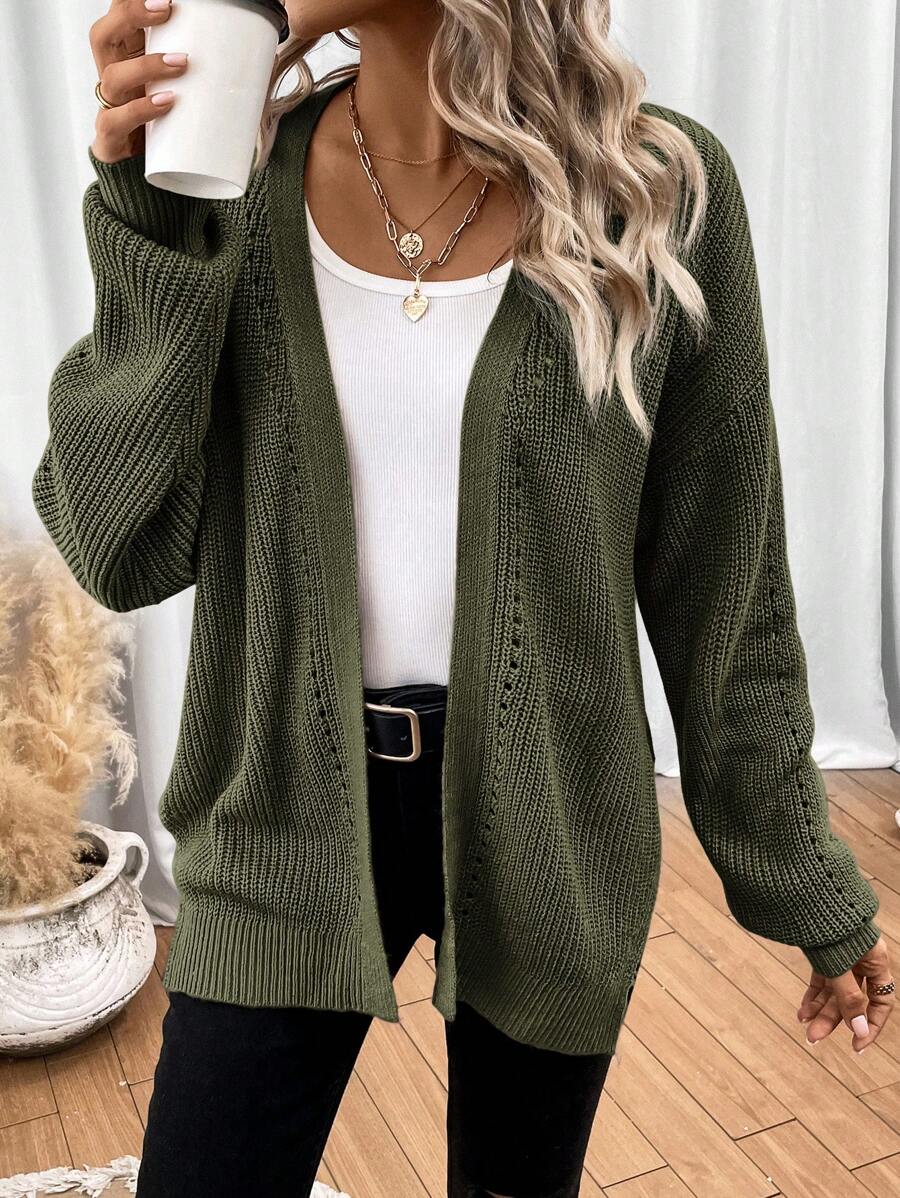 Women's Open Front Cardigan Pointelle Knit Long Sleeve Oversized Everyday Layer