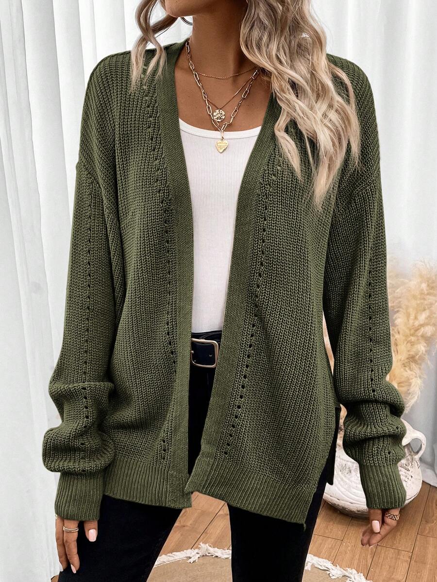 Women's Open Front Cardigan Pointelle Knit Long Sleeve Oversized Everyday Layer