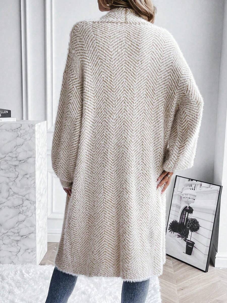 Women's Long Cardigan Chevron Open Front Long Sleeve Casual Midi Layer