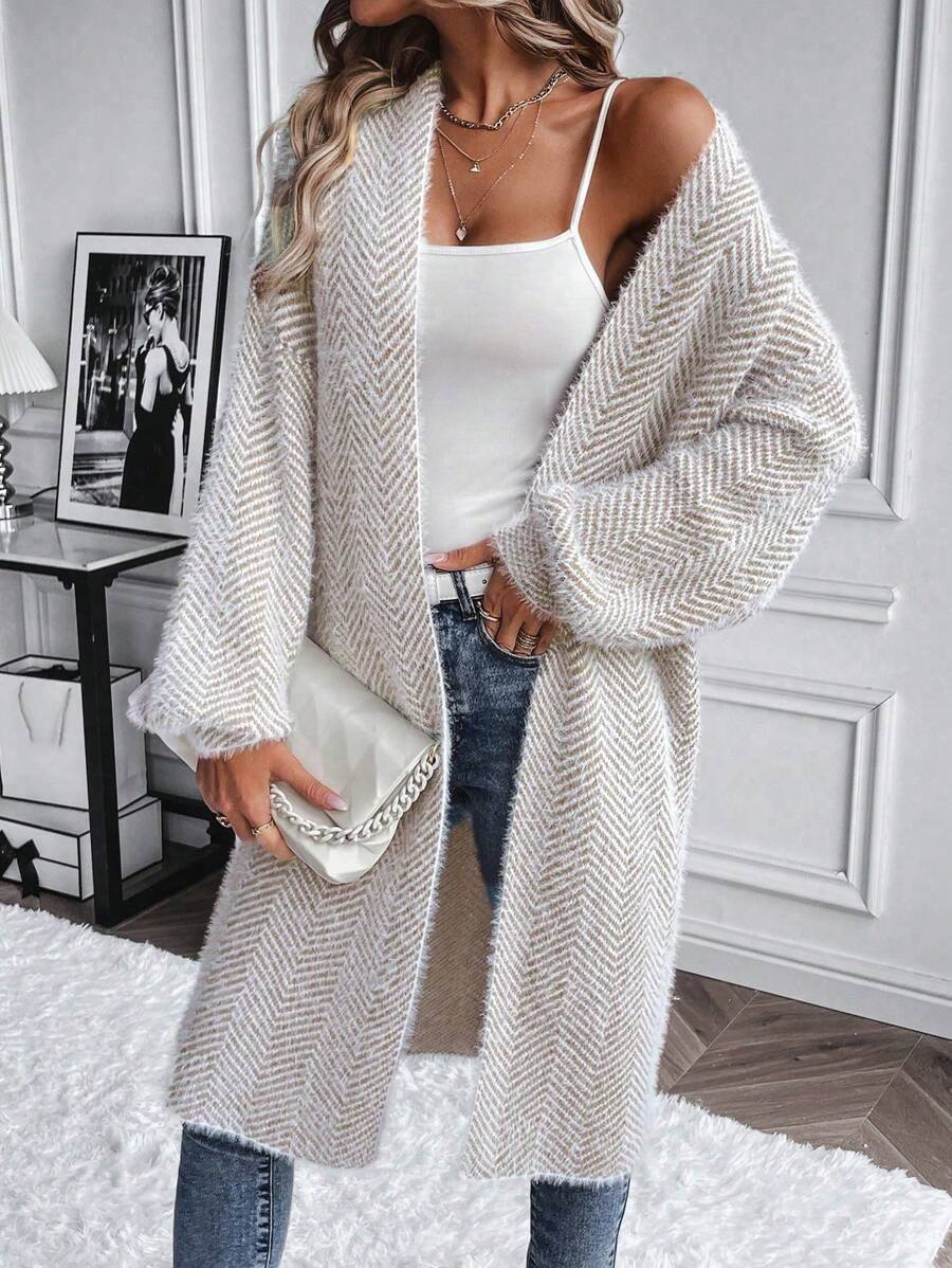 Women's Long Cardigan Chevron Open Front Long Sleeve Casual Midi Layer