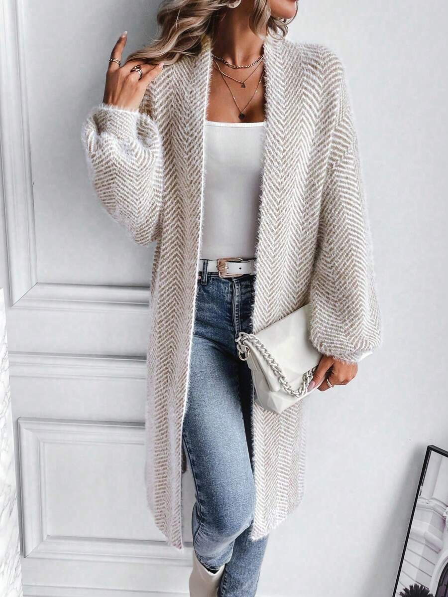 Women's Long Cardigan Chevron Open Front Long Sleeve Casual Midi Layer
