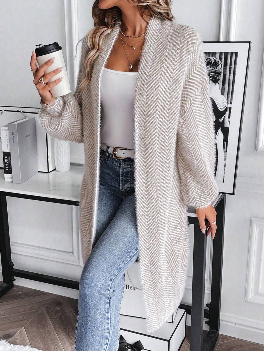 Women's Long Cardigan Chevron Open Front Long Sleeve Casual Midi Layer