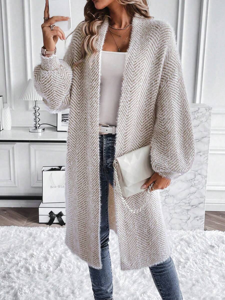Women's Long Cardigan Chevron Open Front Long Sleeve Casual Midi Layer