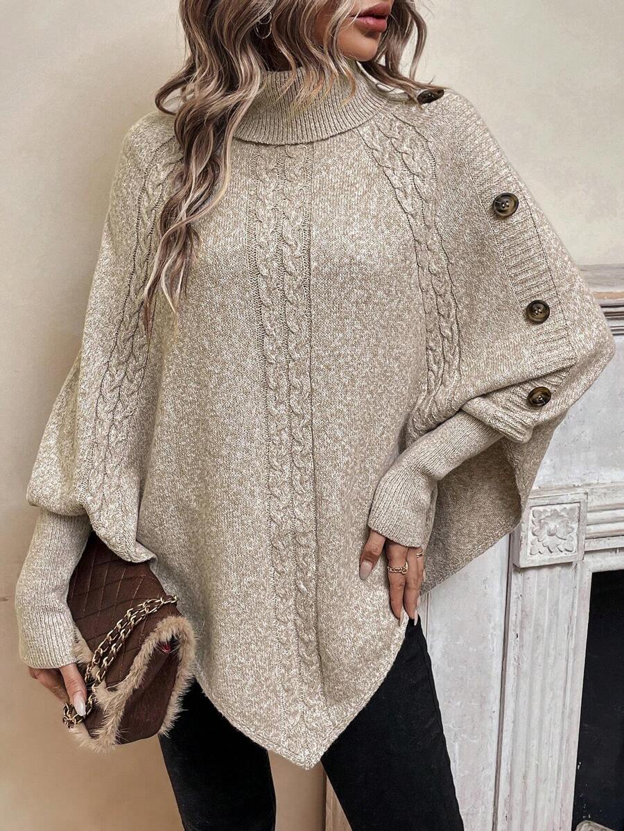 Women's Turtleneck Batwing Poncho Sweater Asymmetrical Cable Knit Button Pullover