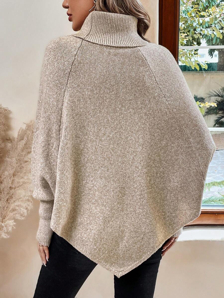 Women's Turtleneck Batwing Poncho Sweater Asymmetrical Cable Knit Button Pullover
