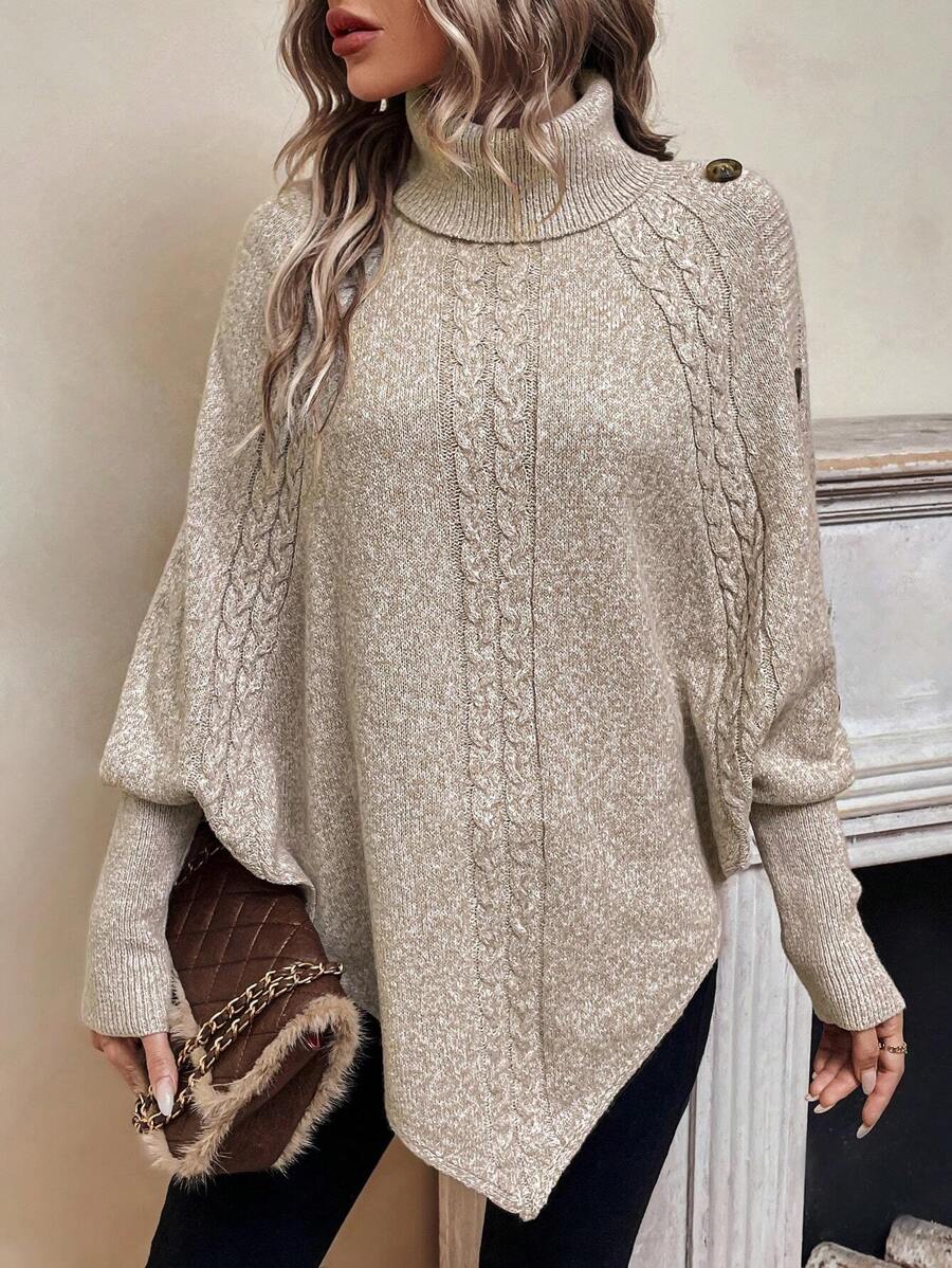 Women's Turtleneck Batwing Poncho Sweater Asymmetrical Cable Knit Button Pullover