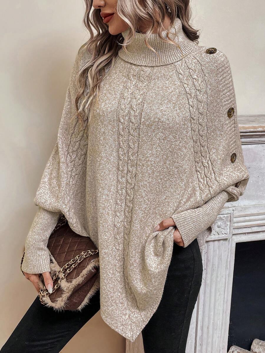 Women's Turtleneck Batwing Poncho Sweater Asymmetrical Cable Knit Button Pullover