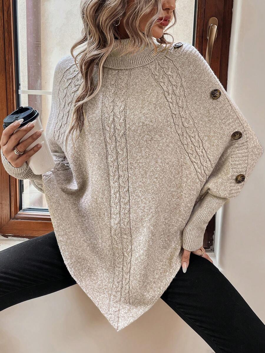 Women's Turtleneck Batwing Poncho Sweater Asymmetrical Cable Knit Button Pullover