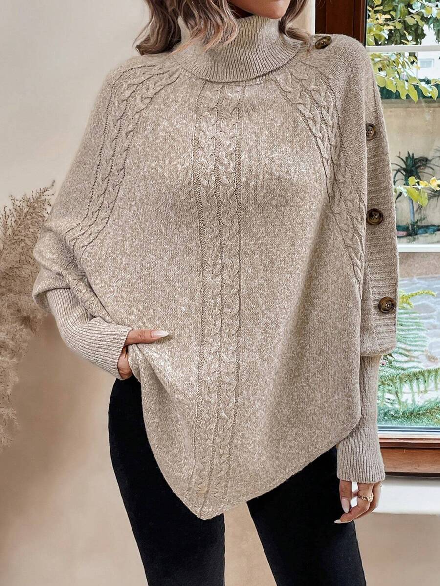 Women's Turtleneck Batwing Poncho Sweater Asymmetrical Cable Knit Button Pullover