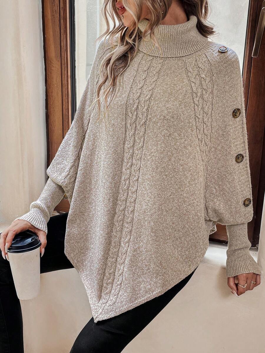 Women's Turtleneck Batwing Poncho Sweater Asymmetrical Cable Knit Button Pullover