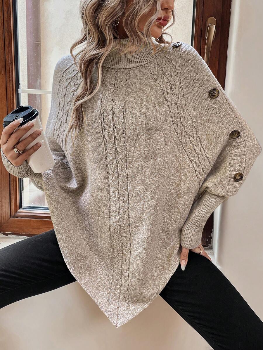 Women's Turtleneck Batwing Poncho Sweater Asymmetrical Cable Knit Button Pullover