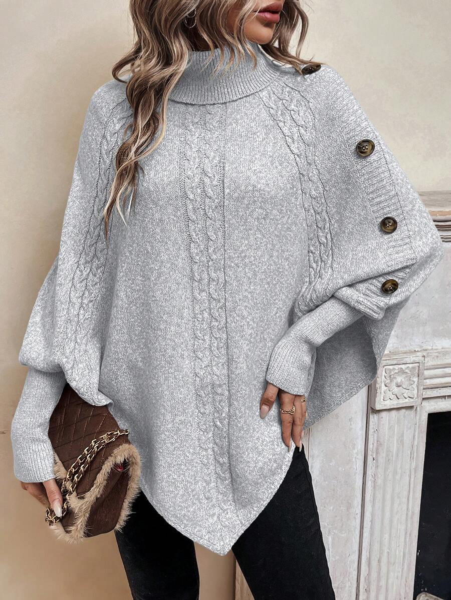 Women's Turtleneck Batwing Poncho Sweater Asymmetrical Cable Knit Button Pullover