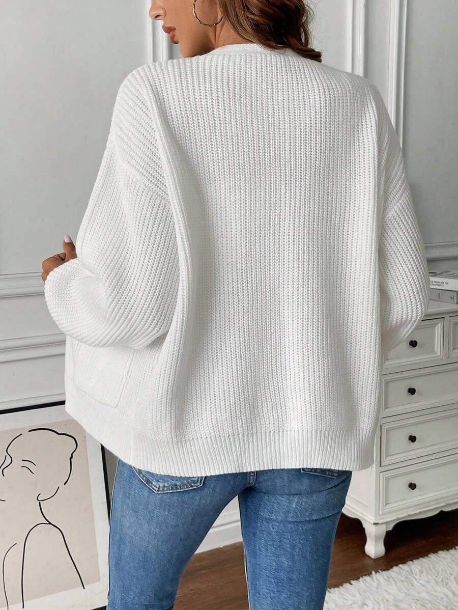 Women's Open Front Cropped Cardigan White Chunky Knit Pockets Long Sleeve Casual