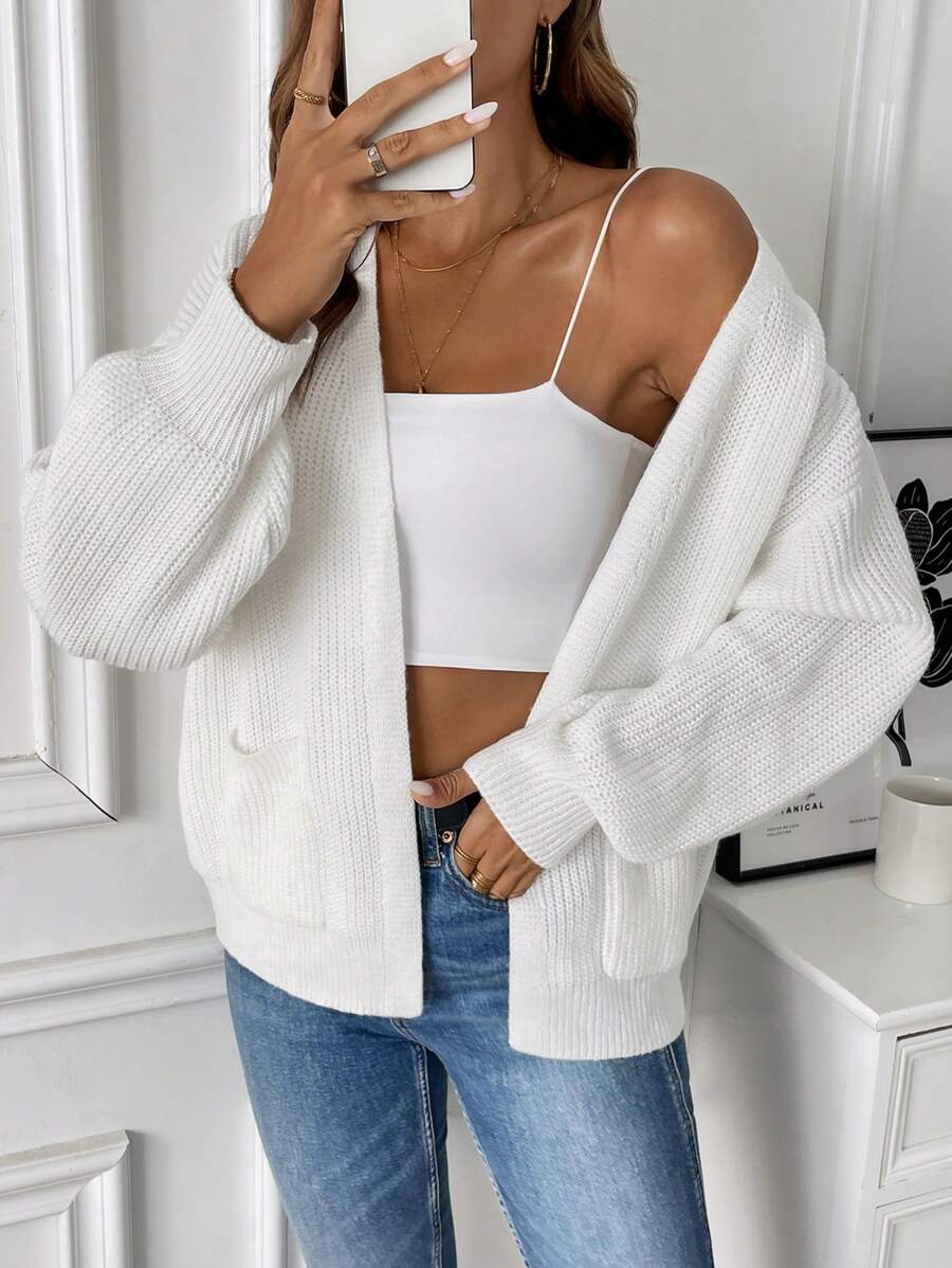 Women's Open Front Cropped Cardigan White Chunky Knit Pockets Long Sleeve Casual