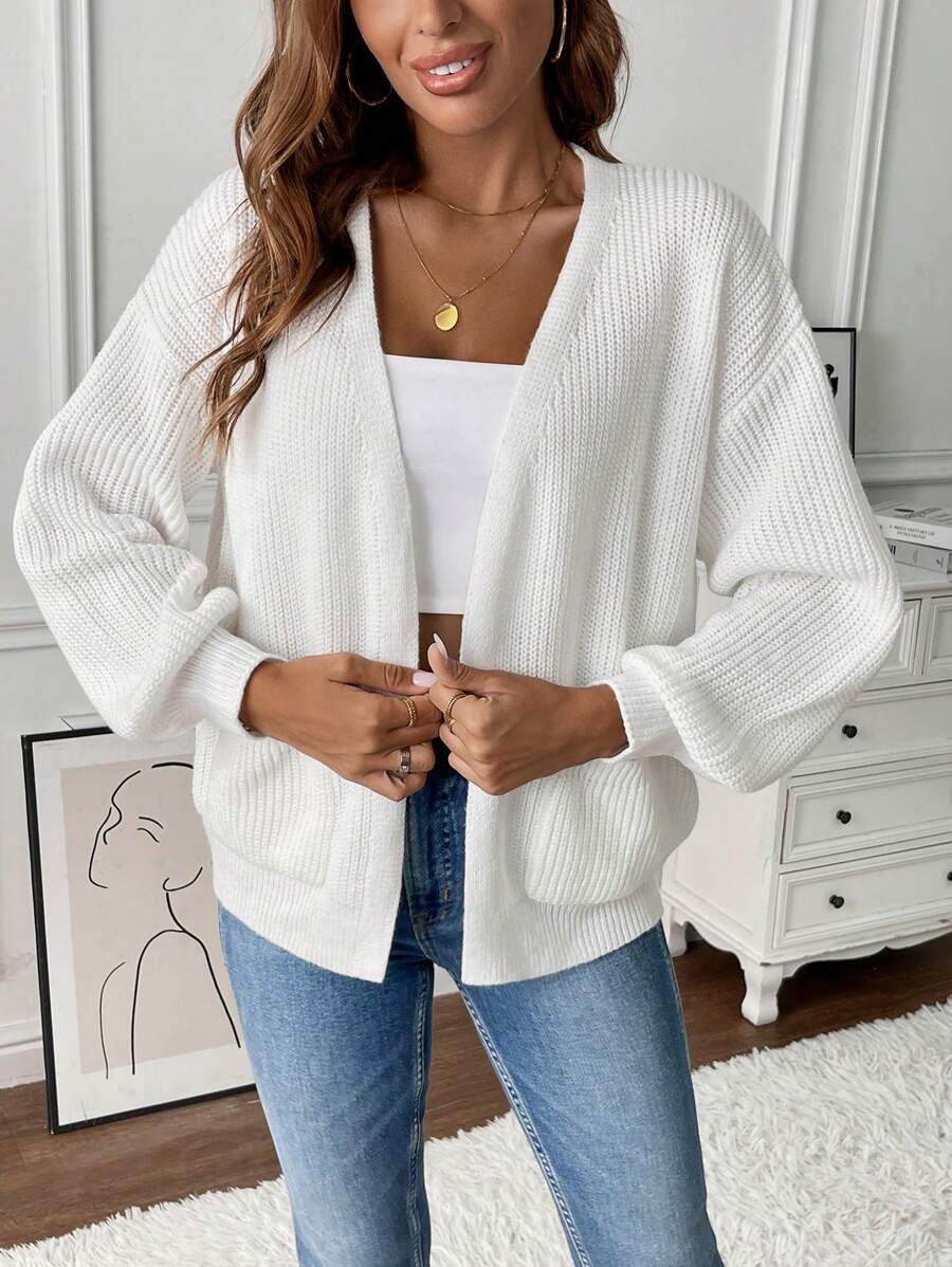 Women's Open Front Cropped Cardigan White Chunky Knit Pockets Long Sleeve Casual