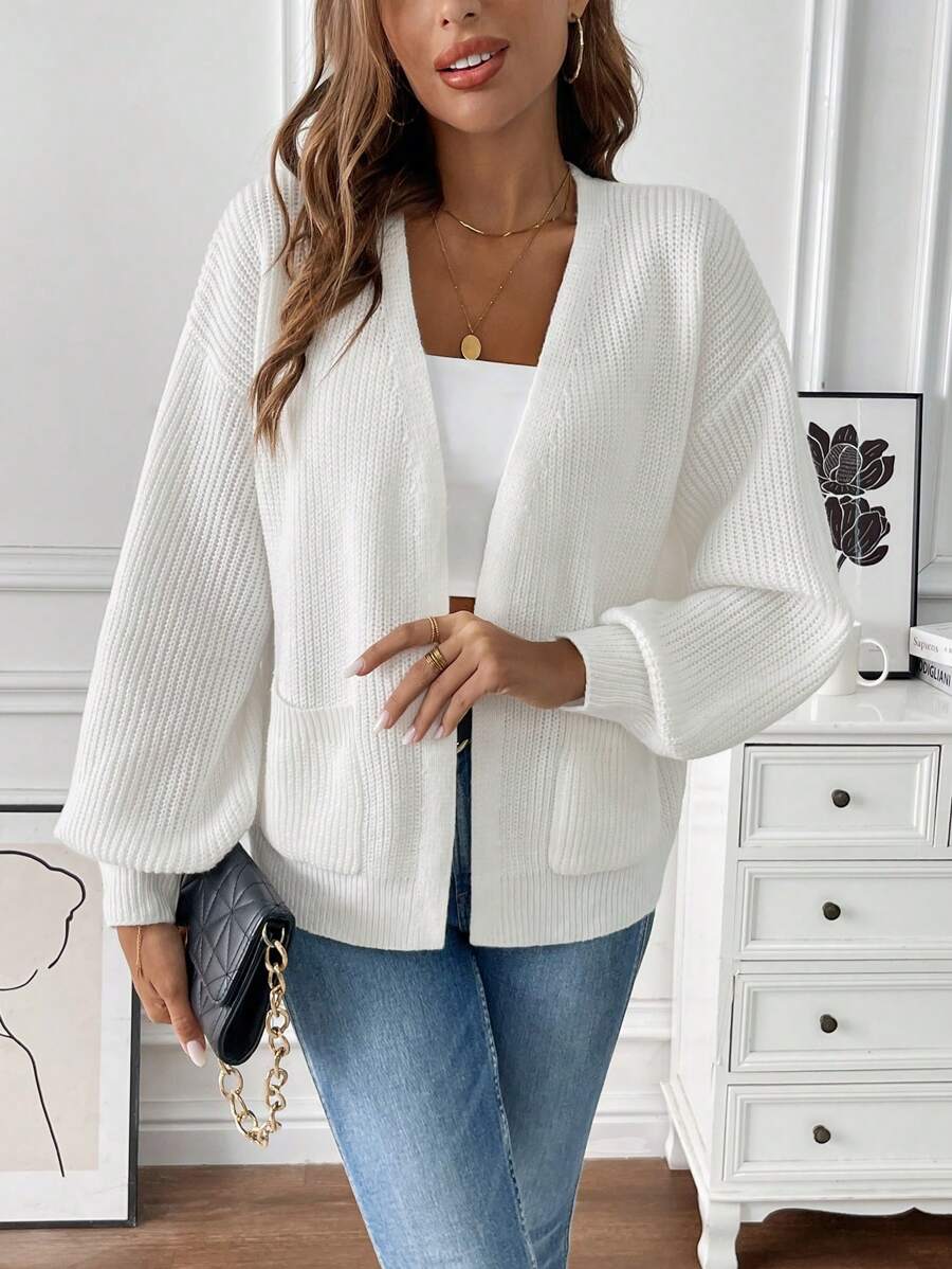 Women's Open Front Cropped Cardigan White Chunky Knit Pockets Long Sleeve Casual