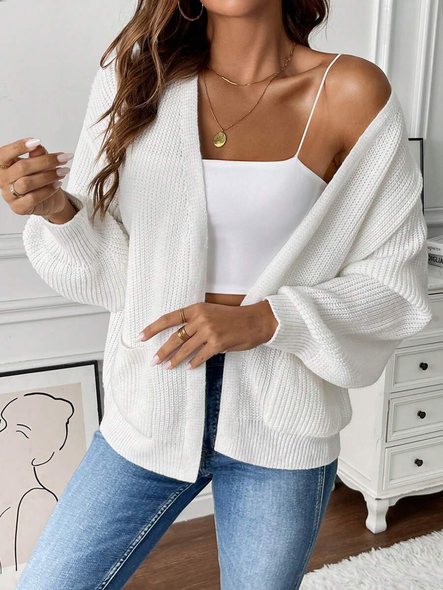 Women's Open Front Cropped Cardigan White Chunky Knit Pockets Long Sleeve Casual