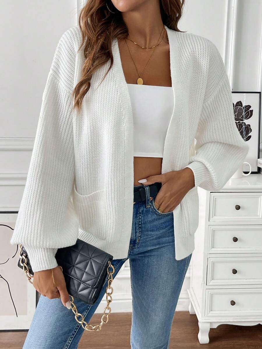 Women's Open Front Cropped Cardigan White Chunky Knit Pockets Long Sleeve Casual