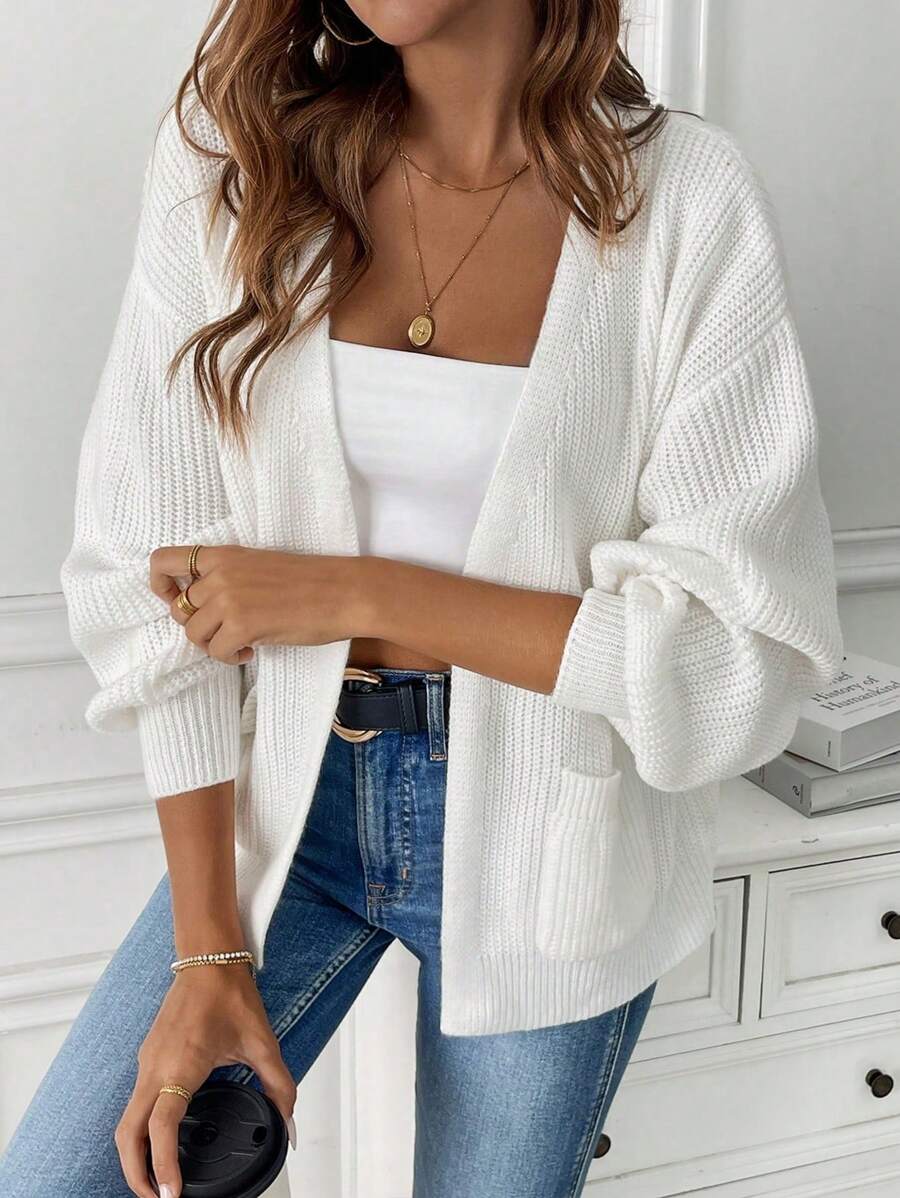 Women's Open Front Cropped Cardigan White Chunky Knit Pockets Long Sleeve Casual