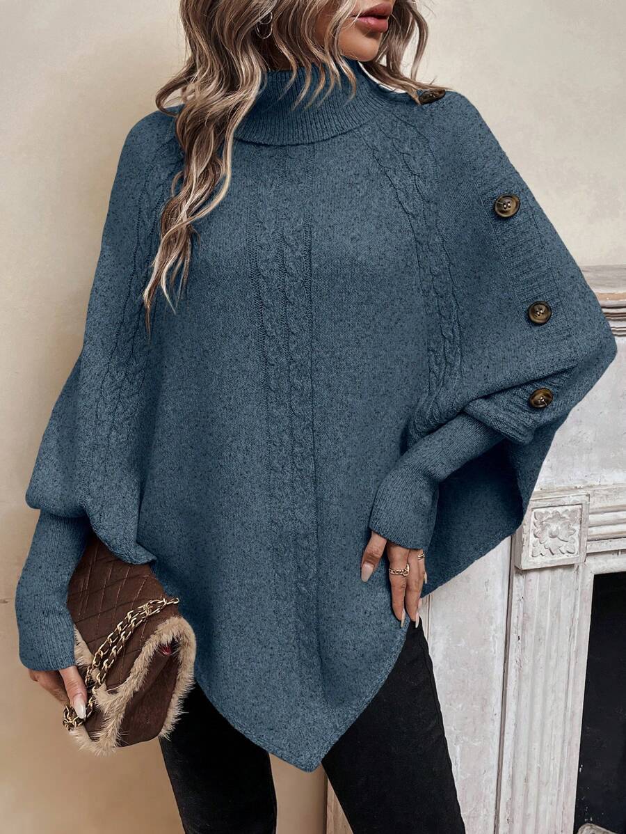 Women's Turtleneck Batwing Poncho Sweater Asymmetrical Cable Knit Button Pullover