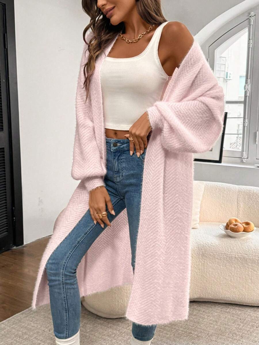 Women's Long Cardigan Chevron Open Front Long Sleeve Casual Midi Layer