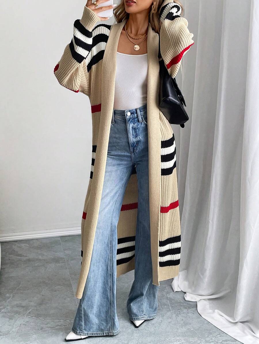 Women's Longline Striped Cardigan Open Front Long Sleeve Duster Casual Layer