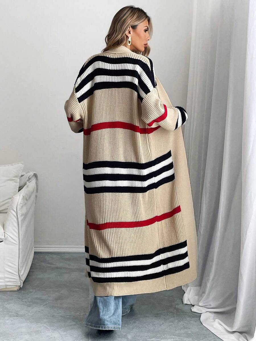Women's Longline Striped Cardigan Open Front Long Sleeve Duster Casual Layer