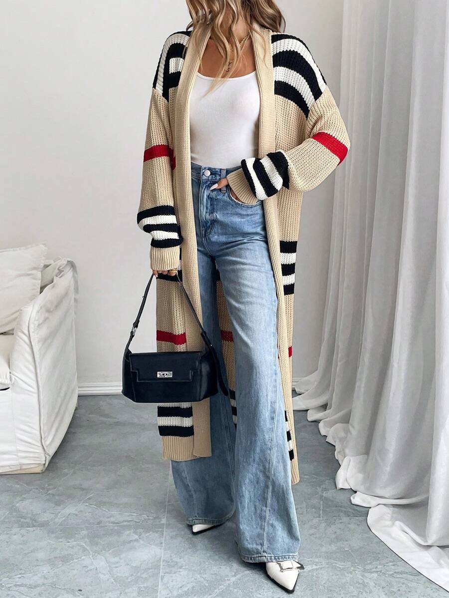 Women's Longline Striped Cardigan Open Front Long Sleeve Duster Casual Layer
