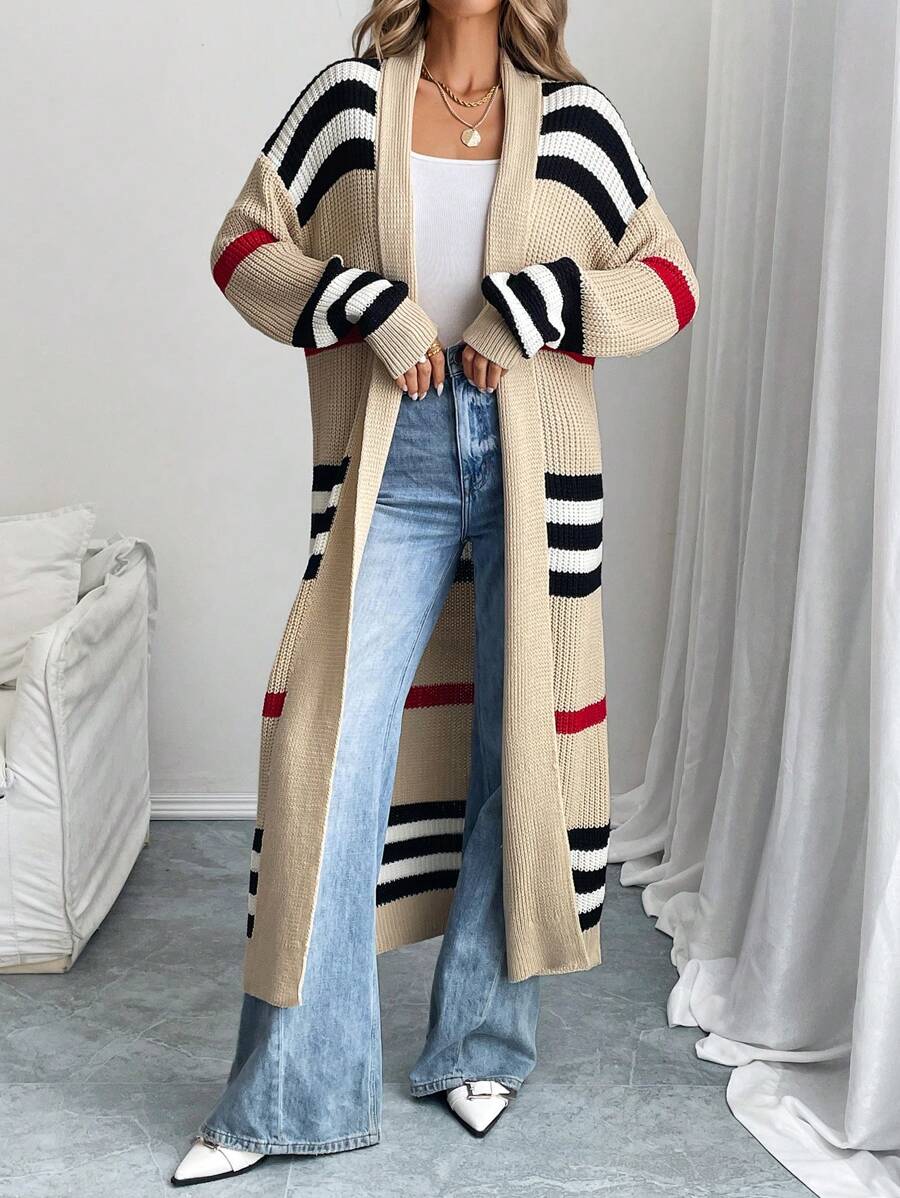 Women's Longline Striped Cardigan Open Front Long Sleeve Duster Casual Layer