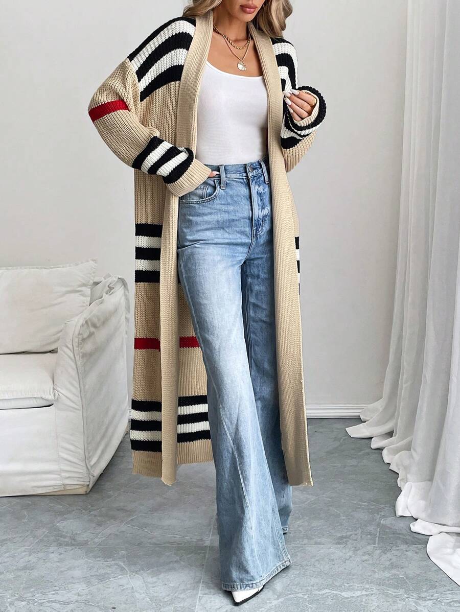 Women's Longline Striped Cardigan Open Front Long Sleeve Duster Casual Layer