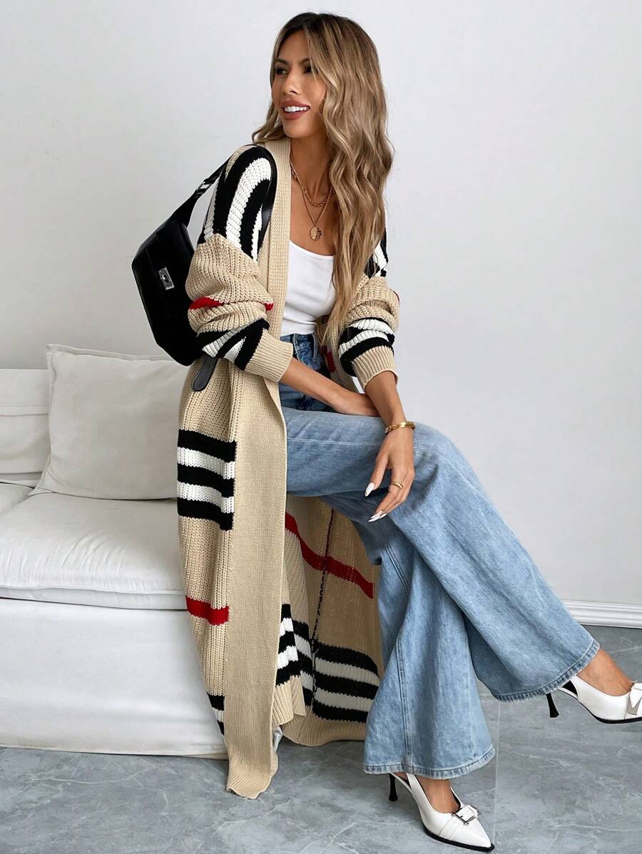 Women's Longline Striped Cardigan Open Front Long Sleeve Duster Casual Layer