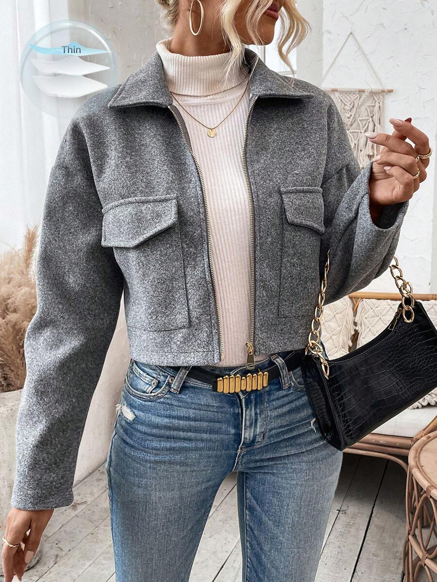 Women's Cropped Zip Front Jacket Notched Collar Long Sleeve Flap Pocket Casual Coat